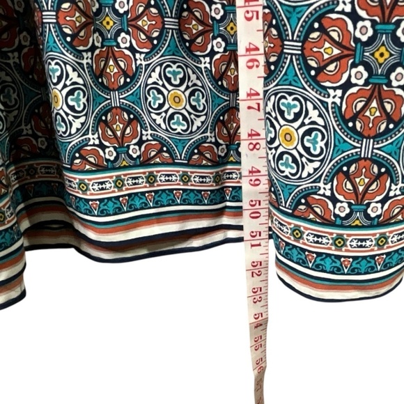 MAX STUDIO Crepe Tiered Maxi Dress Teal / Brick Print Side Pockets 3/4 Sleeves L - Picture 7 of 10